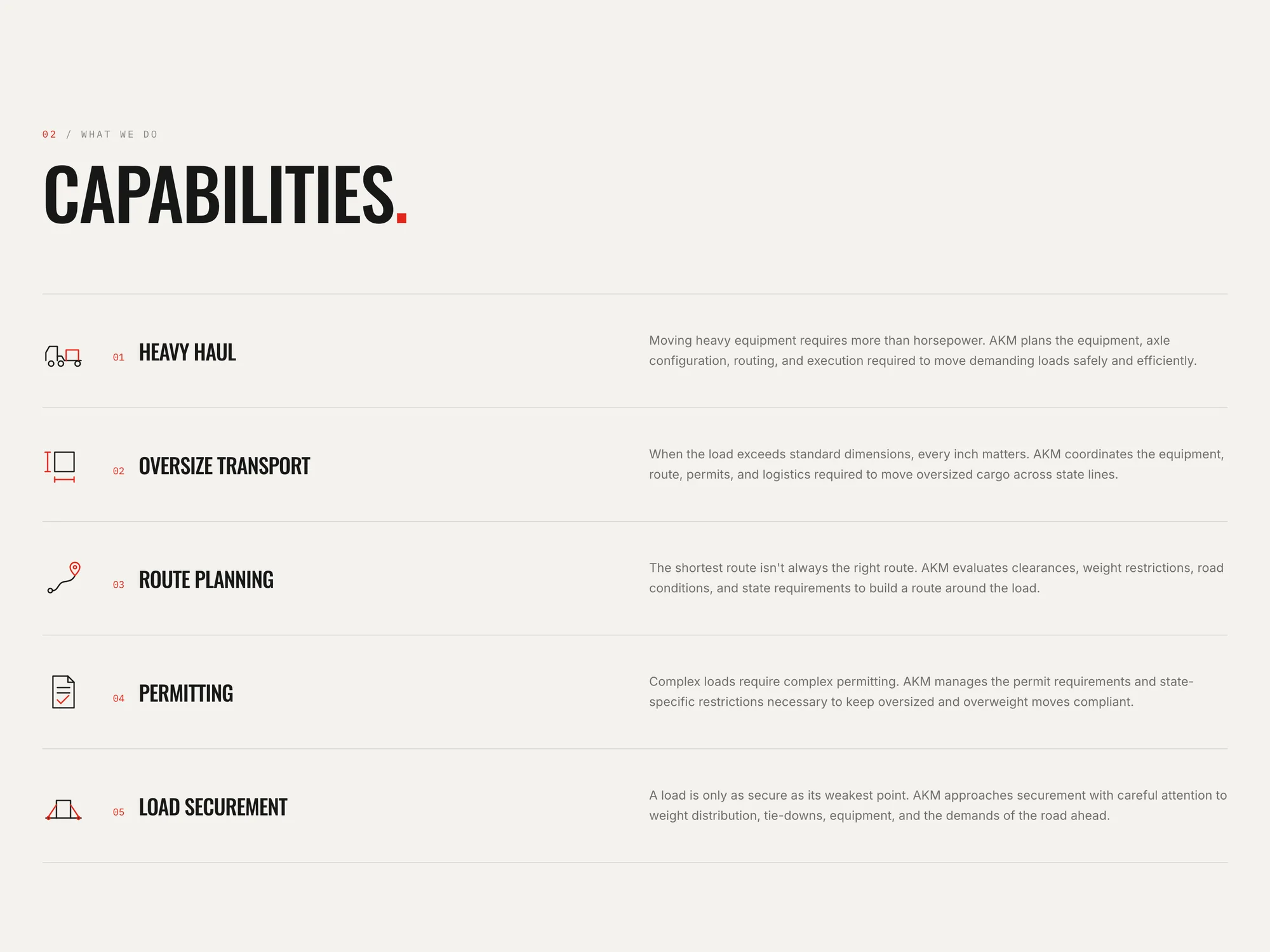 The AKM website's capabilities list: heavy haul, oversize transport, route planning, permitting and load securement
