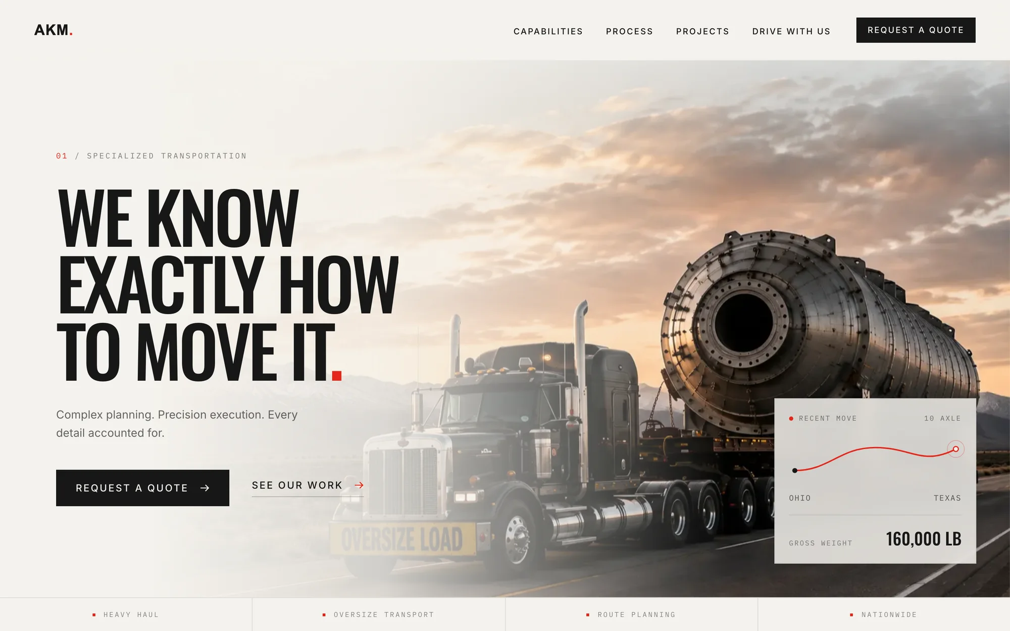 The AKM website's opening screen: "We know exactly how to move it." beside an oversize load, with a recent-move card