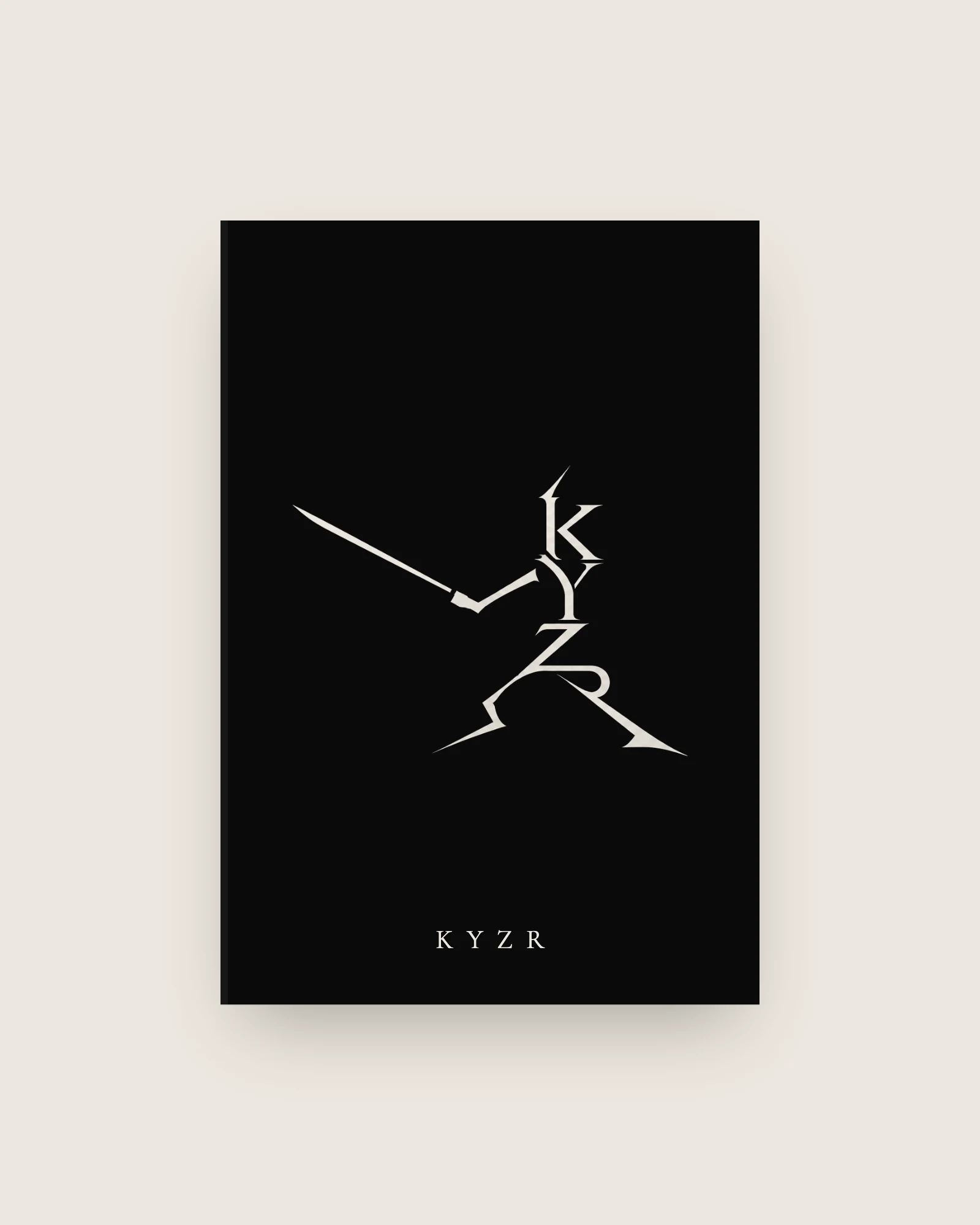 A black book cover carrying the Kyzr mark and name in bone