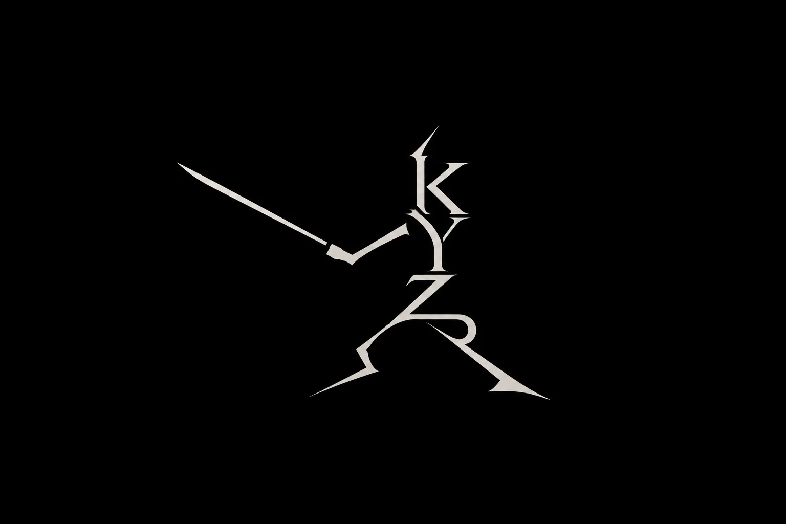 The Kyzr mark: the letters K, Y, Z and R stacked into a swordsman lunging forward, in bone on black